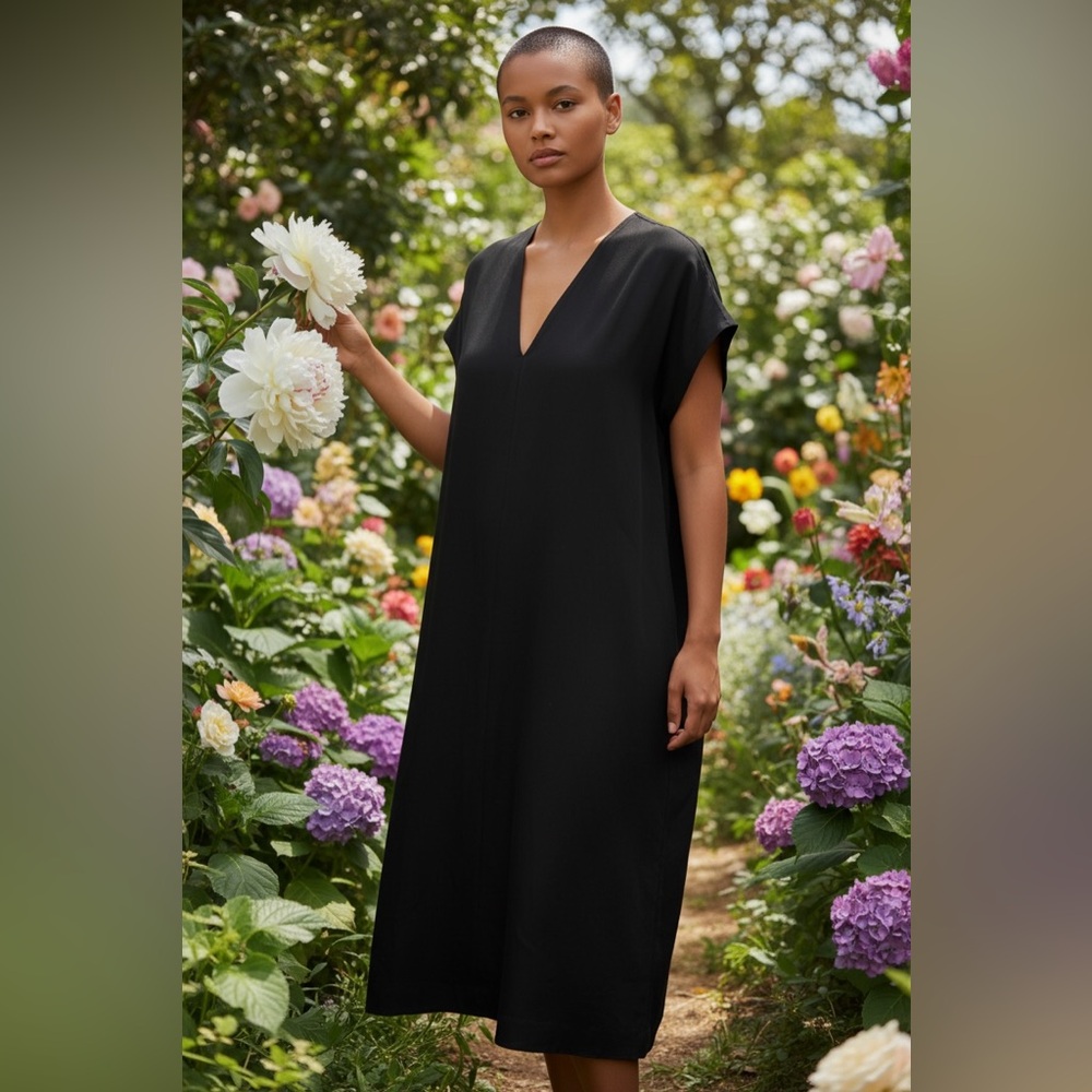Vince Black 100% Silk Tunic V-Neck Pullover Dress Mini Classic Minimalist Sz XS
